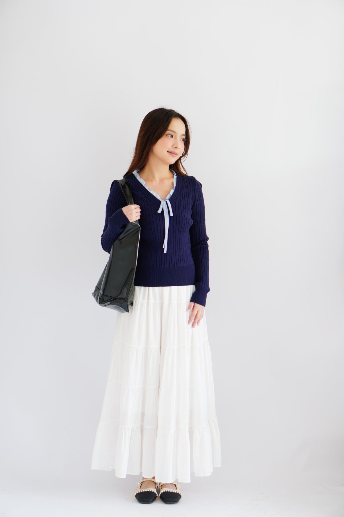 Missha Ribbon Ruffles Knit Top in Dark Blue
