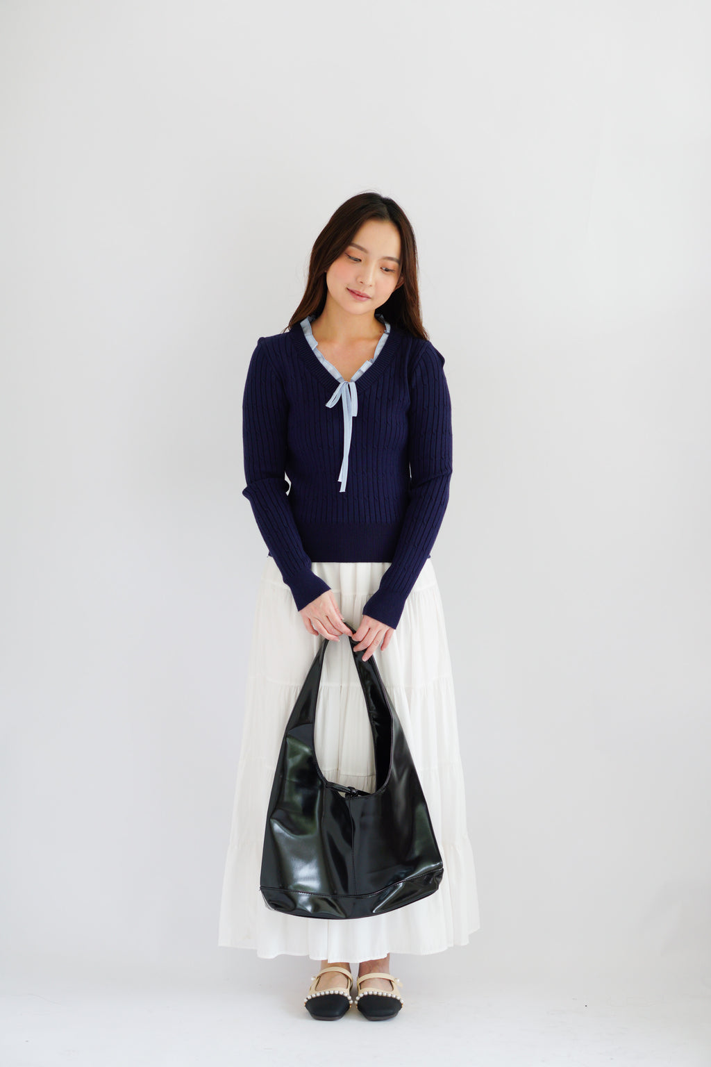 Missha Ribbon Ruffles Knit Top in Dark Blue