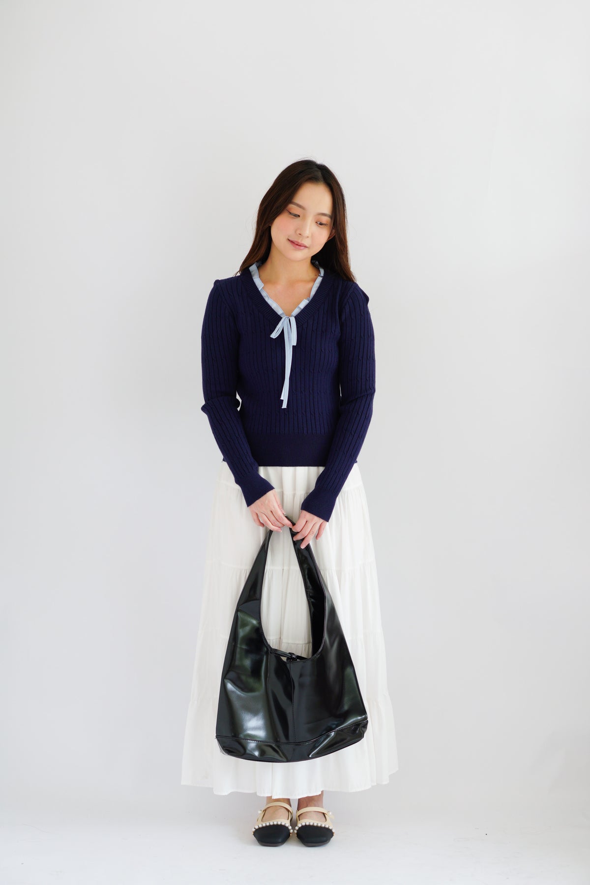 Missha Ribbon Ruffles Knit Top in Dark Blue