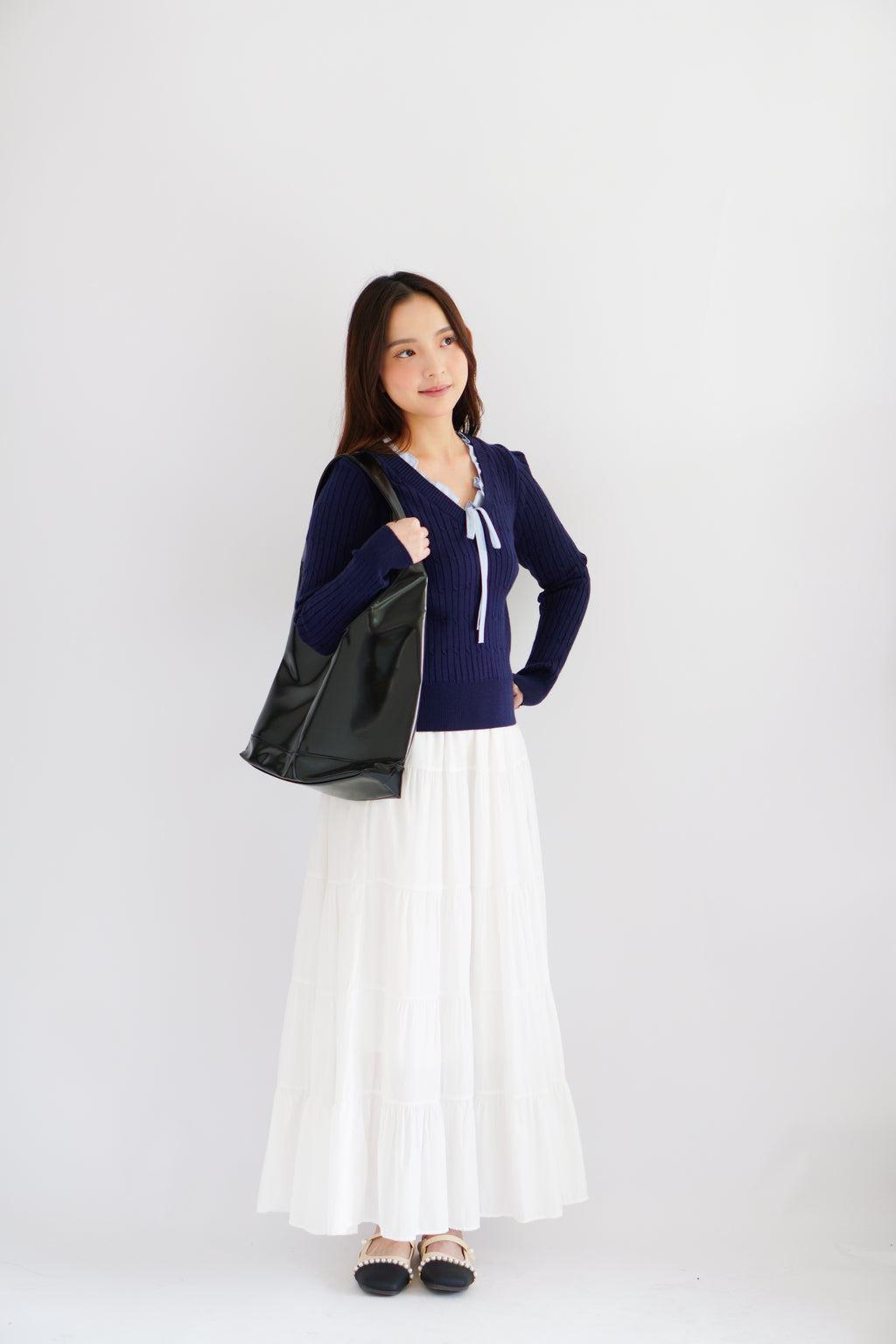 Missha Ribbon Ruffles Knit Top in Dark Blue