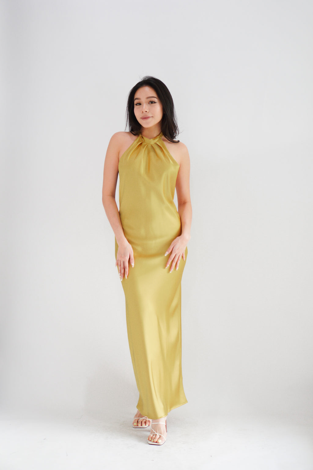 Drala High Neck Satin Maxi Dress in Gold Yellow