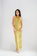 Drala High Neck Satin Maxi Dress in Gold Yellow