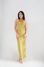 Drala High Neck Satin Maxi Dress in Gold Yellow
