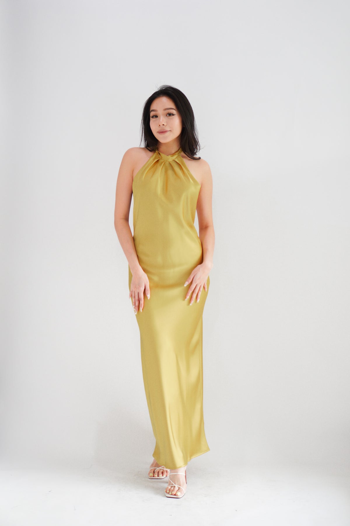 Drala High Neck Satin Maxi Dress in Gold Yellow