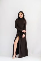 (BACKORDER) Shanina Long Sleeve High Neck Slit Maxi Dress in Brown