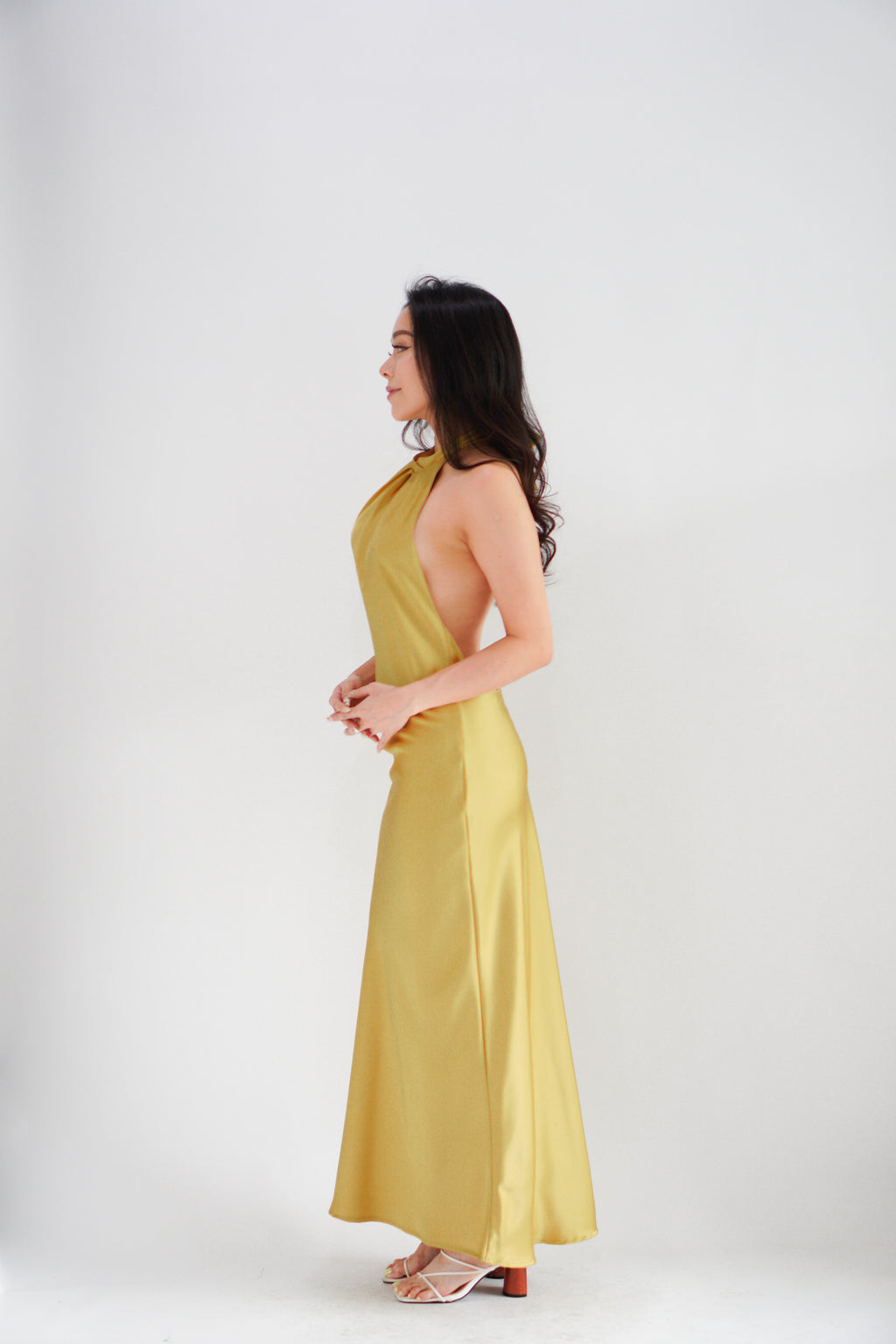Drala High Neck Satin Maxi Dress in Gold Yellow