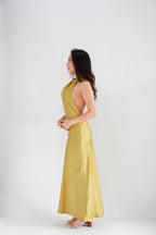 Drala High Neck Satin Maxi Dress in Gold Yellow