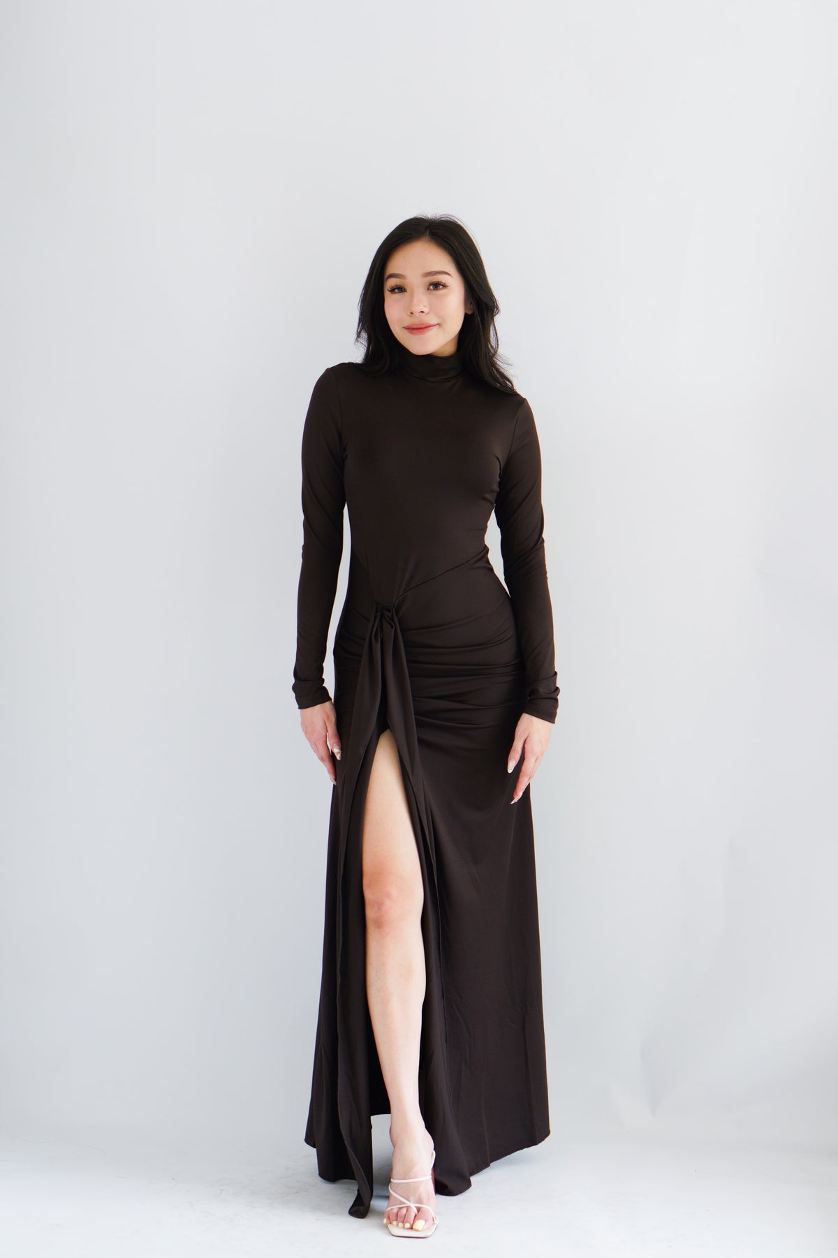 (BACKORDER) Shanina Long Sleeve High Neck Slit Maxi Dress in Brown