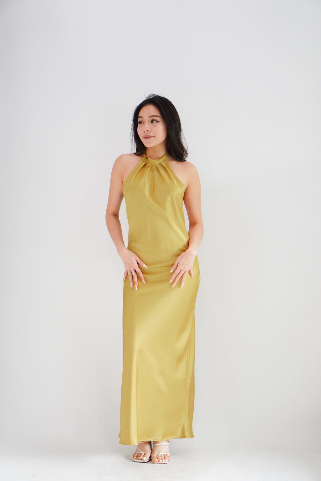 Drala High Neck Satin Maxi Dress in Gold Yellow