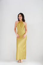 Drala High Neck Satin Maxi Dress in Gold Yellow