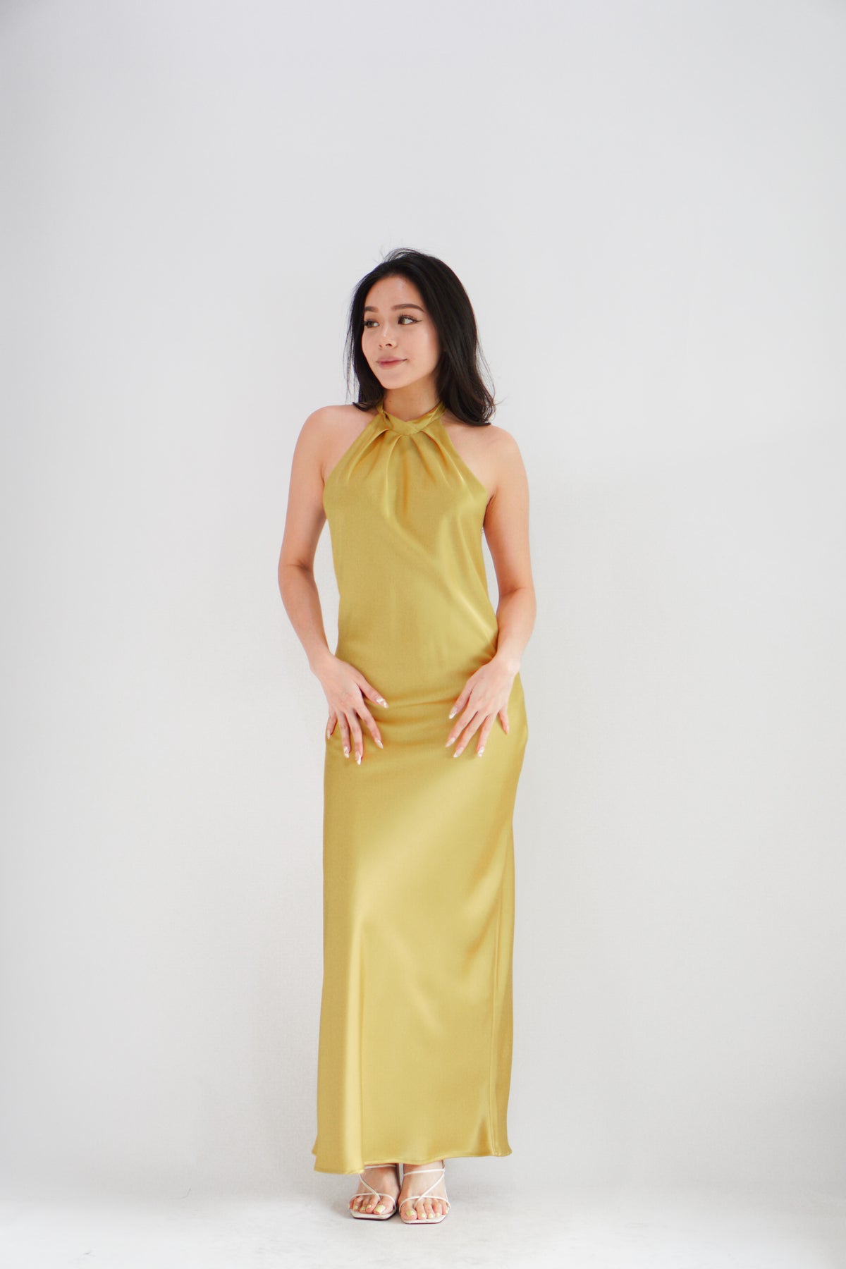 Drala High Neck Satin Maxi Dress in Gold Yellow