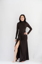 (BACKORDER) Shanina Long Sleeve High Neck Slit Maxi Dress in Brown