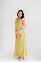 Drala High Neck Satin Maxi Dress in Gold Yellow