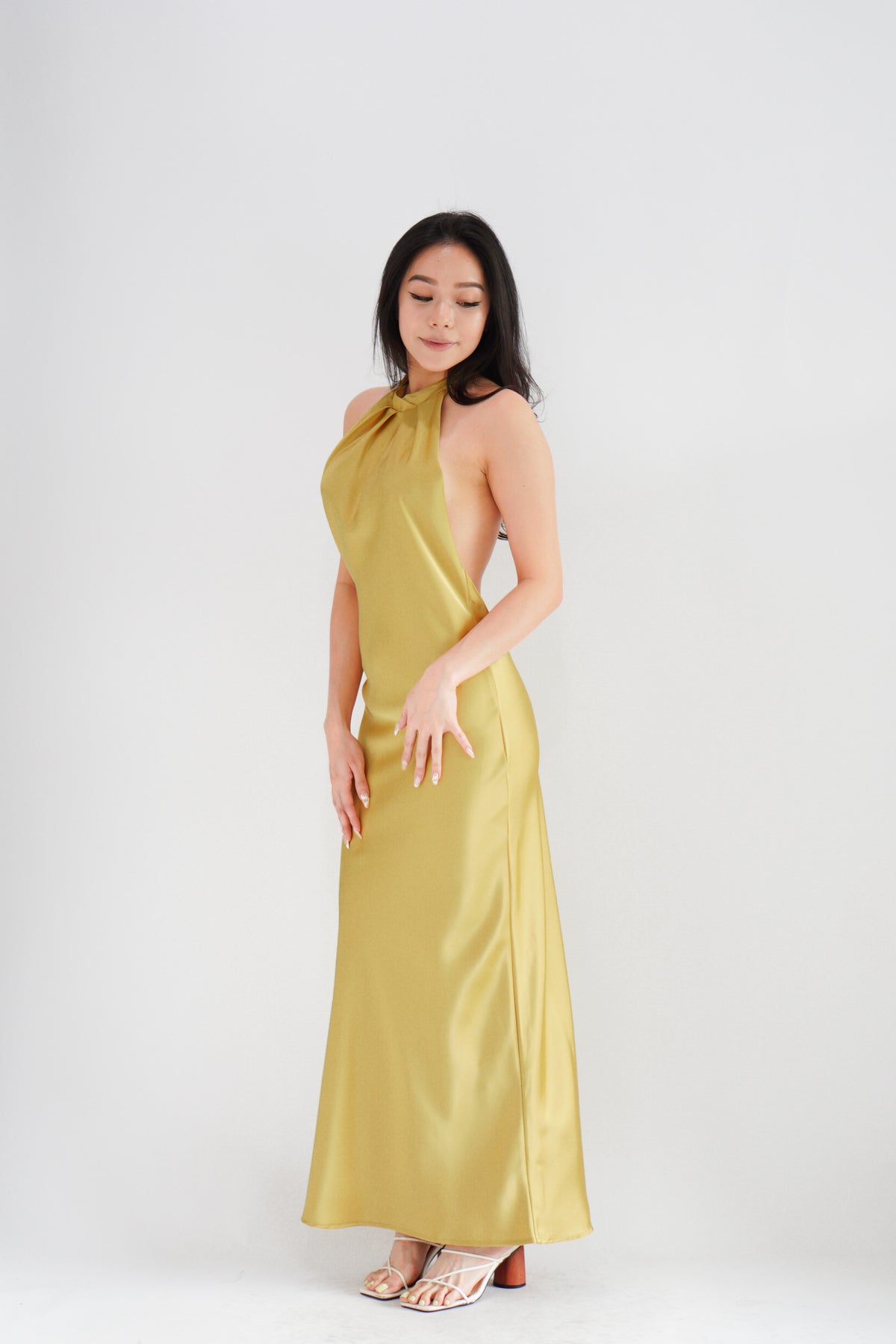 Drala High Neck Satin Maxi Dress in Gold Yellow