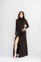 (BACKORDER) Shanina Long Sleeve High Neck Slit Maxi Dress in Brown