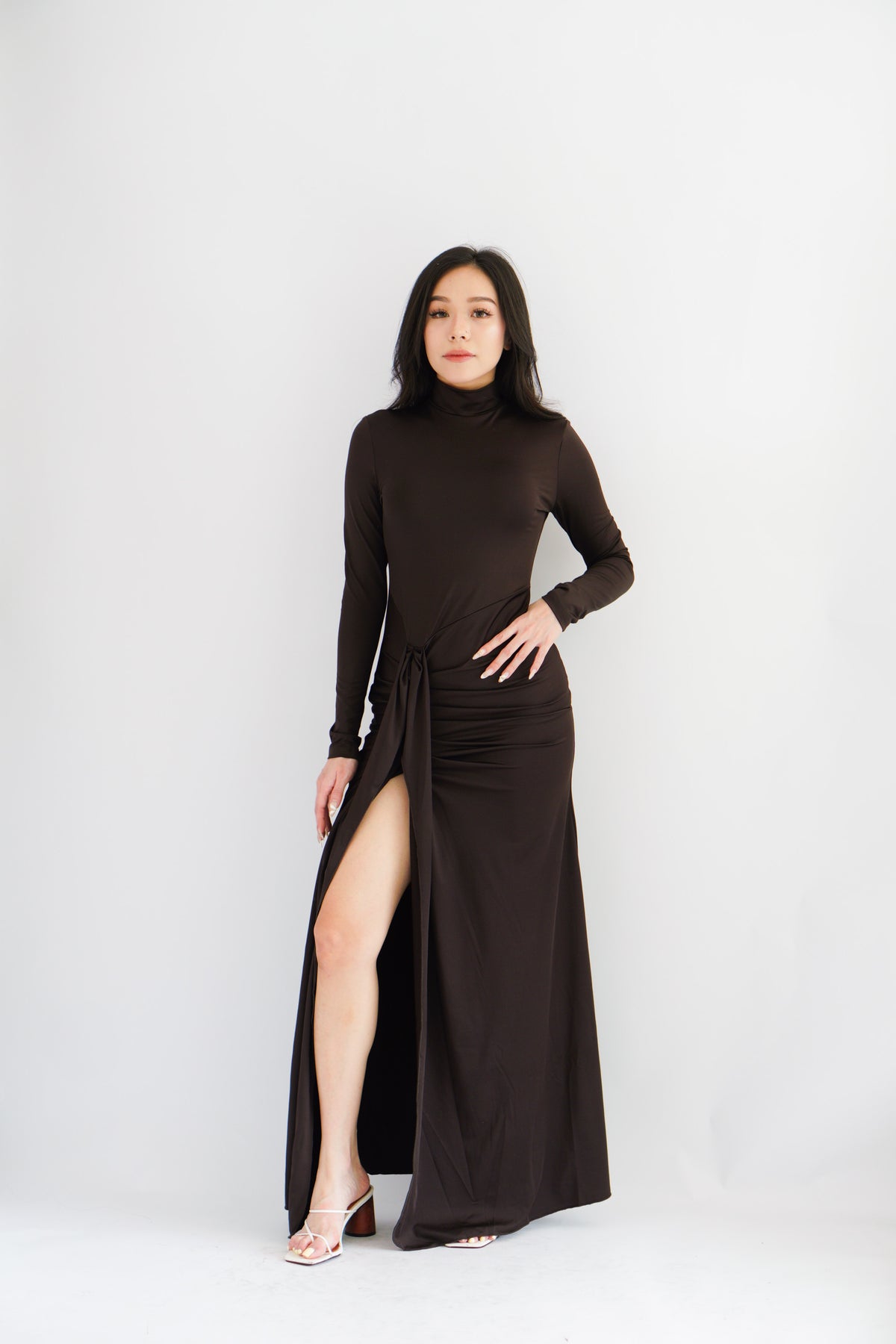 (BACKORDER) Shanina Long Sleeve High Neck Slit Maxi Dress in Brown