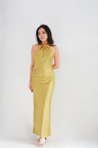 Drala High Neck Satin Maxi Dress in Gold Yellow