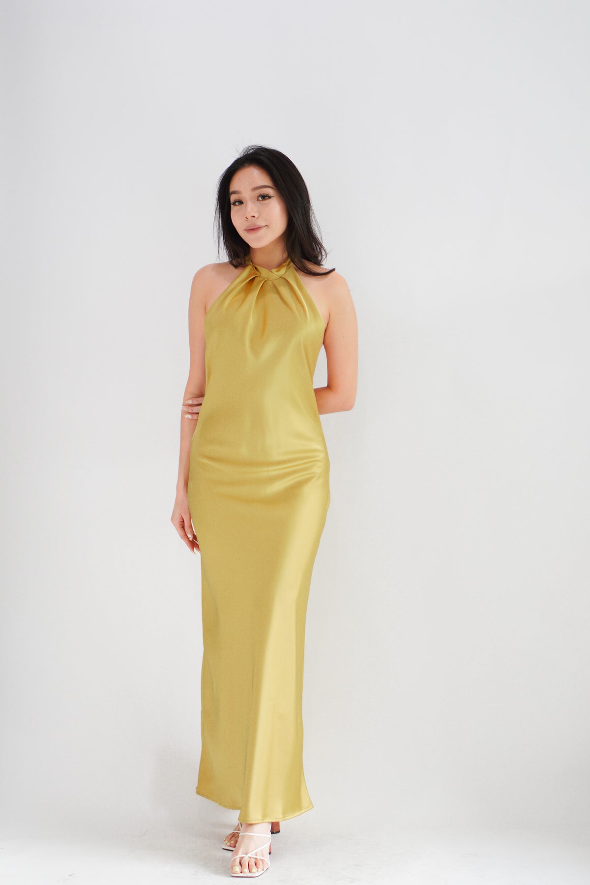 Drala High Neck Satin Maxi Dress in Gold Yellow
