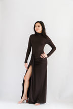 (BACKORDER) Shanina Long Sleeve High Neck Slit Maxi Dress in Brown