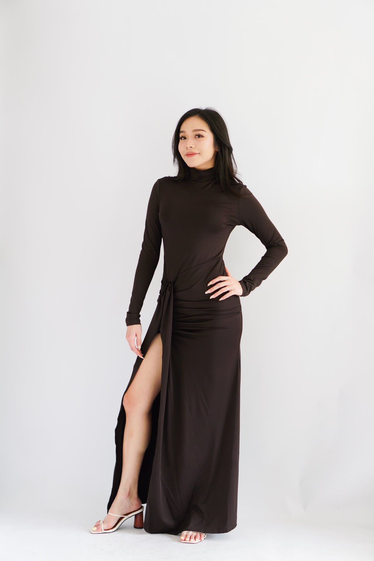 (BACKORDER) Shanina Long Sleeve High Neck Slit Maxi Dress in Brown