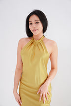 Drala High Neck Satin Maxi Dress in Gold Yellow