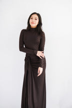(BACKORDER) Shanina Long Sleeve High Neck Slit Maxi Dress in Brown