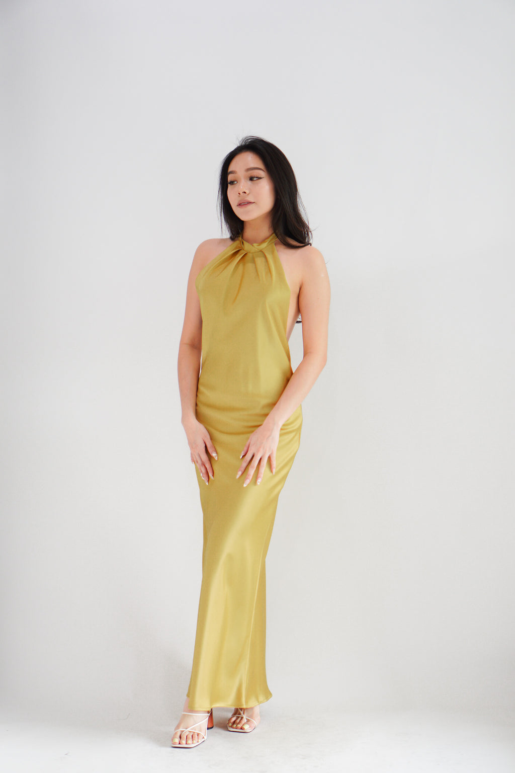 Drala High Neck Satin Maxi Dress in Gold Yellow