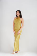 Drala High Neck Satin Maxi Dress in Gold Yellow