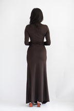 (BACKORDER) Shanina Long Sleeve High Neck Slit Maxi Dress in Brown