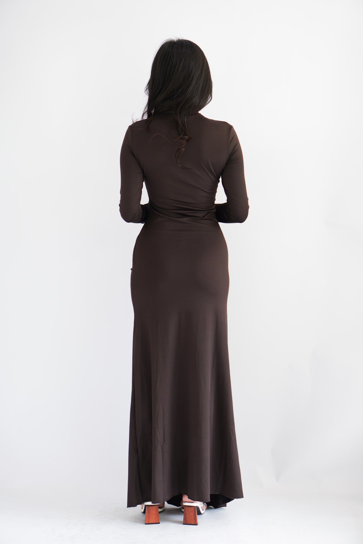 (BACKORDER) Shanina Long Sleeve High Neck Slit Maxi Dress in Brown