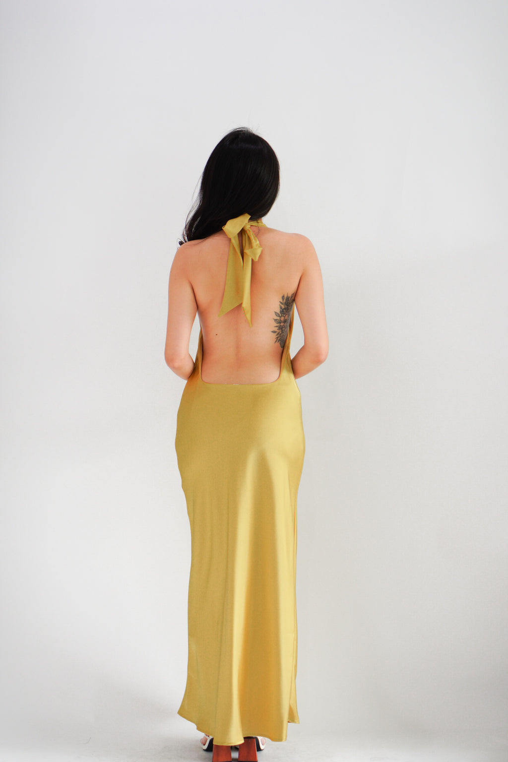 Drala High Neck Satin Maxi Dress in Gold Yellow
