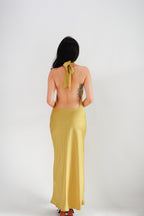 Drala High Neck Satin Maxi Dress in Gold Yellow
