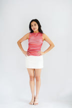 Red Sunset Ombre High Neck Ruched Mesh Top in Pink and Red