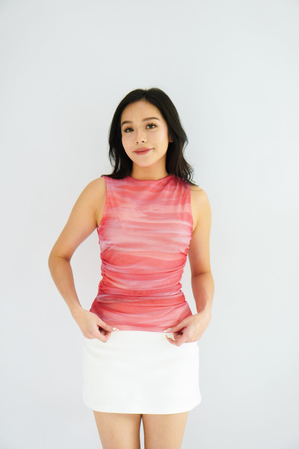 Red Sunset Ombre High Neck Ruched Mesh Top in Pink and Red