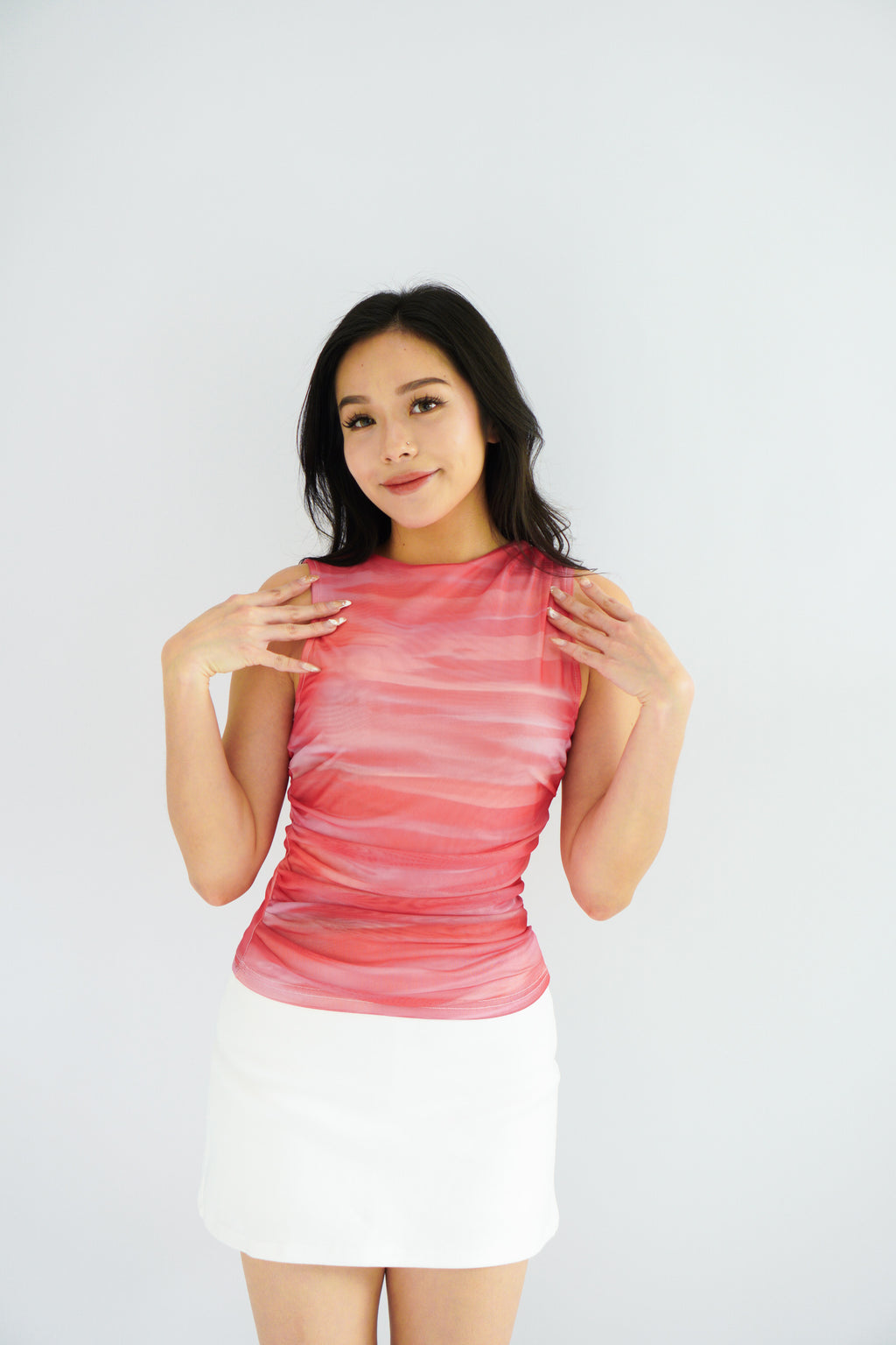 Red Sunset Ombre High Neck Ruched Mesh Top in Pink and Red