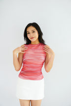 Red Sunset Ombre High Neck Ruched Mesh Top in Pink and Red