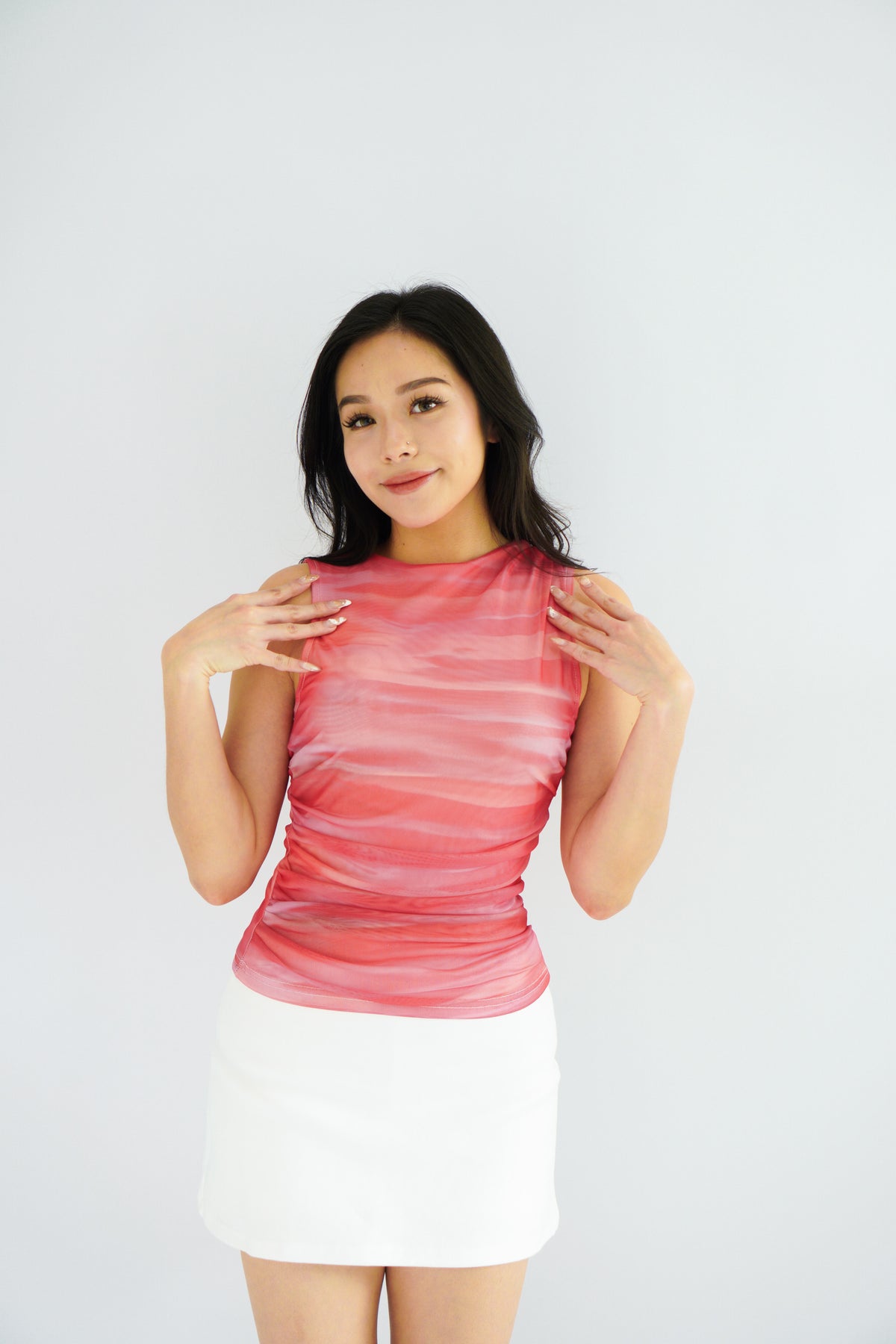 Red Sunset Ombre High Neck Ruched Mesh Top in Pink and Red