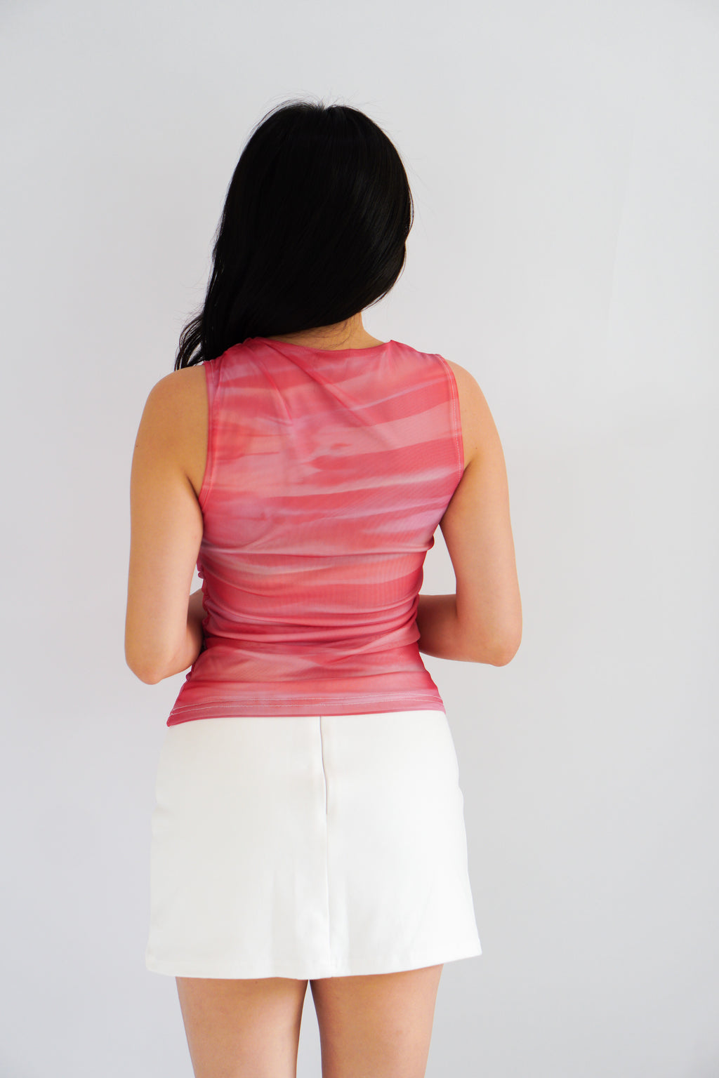 Red Sunset Ombre High Neck Ruched Mesh Top in Pink and Red
