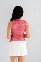 Red Sunset Ombre High Neck Ruched Mesh Top in Pink and Red