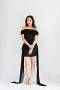 Izabel Off Shoulder Mini Bodycon Dress with Long Sash in Black