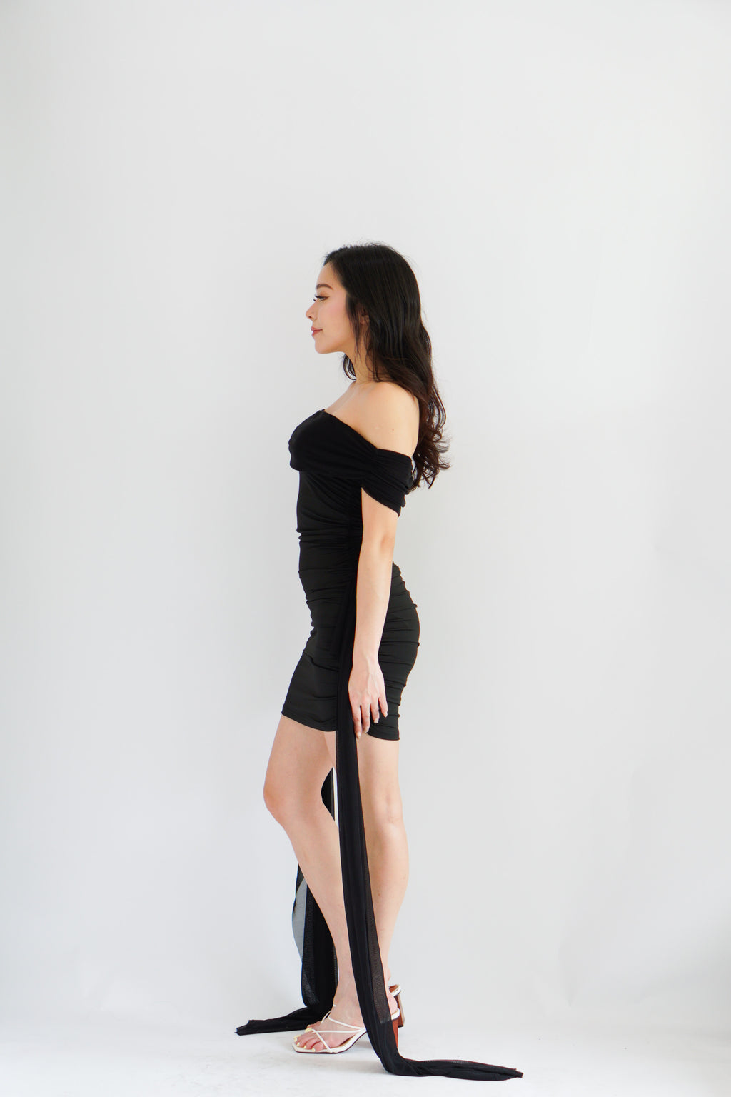 Izabel Off Shoulder Mini Bodycon Dress with Long Sash in Black