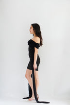 Izabel Off Shoulder Mini Bodycon Dress with Long Sash in Black
