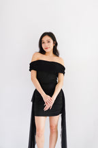 Izabel Off Shoulder Mini Bodycon Dress with Long Sash in Black