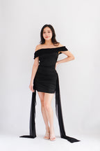 Izabel Off Shoulder Mini Bodycon Dress with Long Sash in Black
