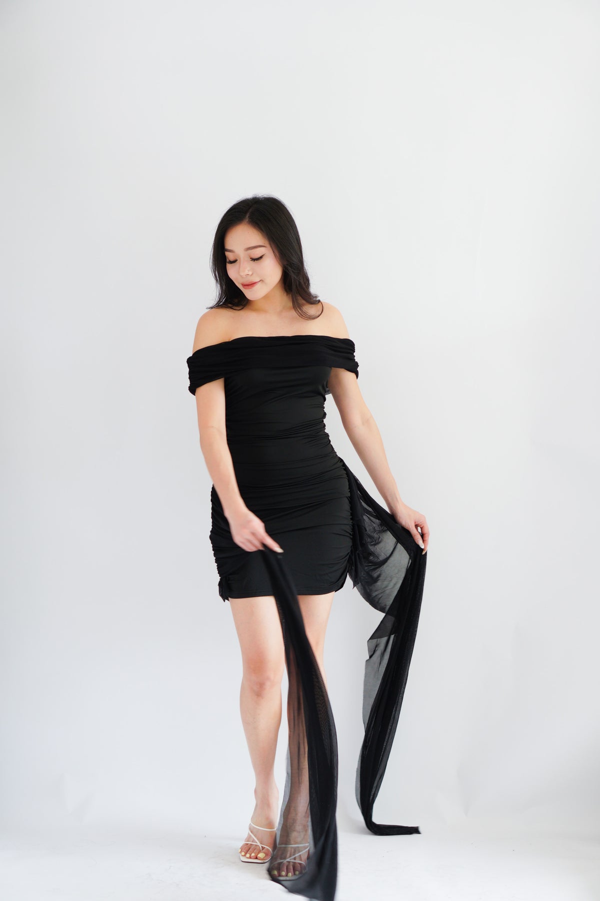 Izabel Off Shoulder Mini Bodycon Dress with Long Sash in Black