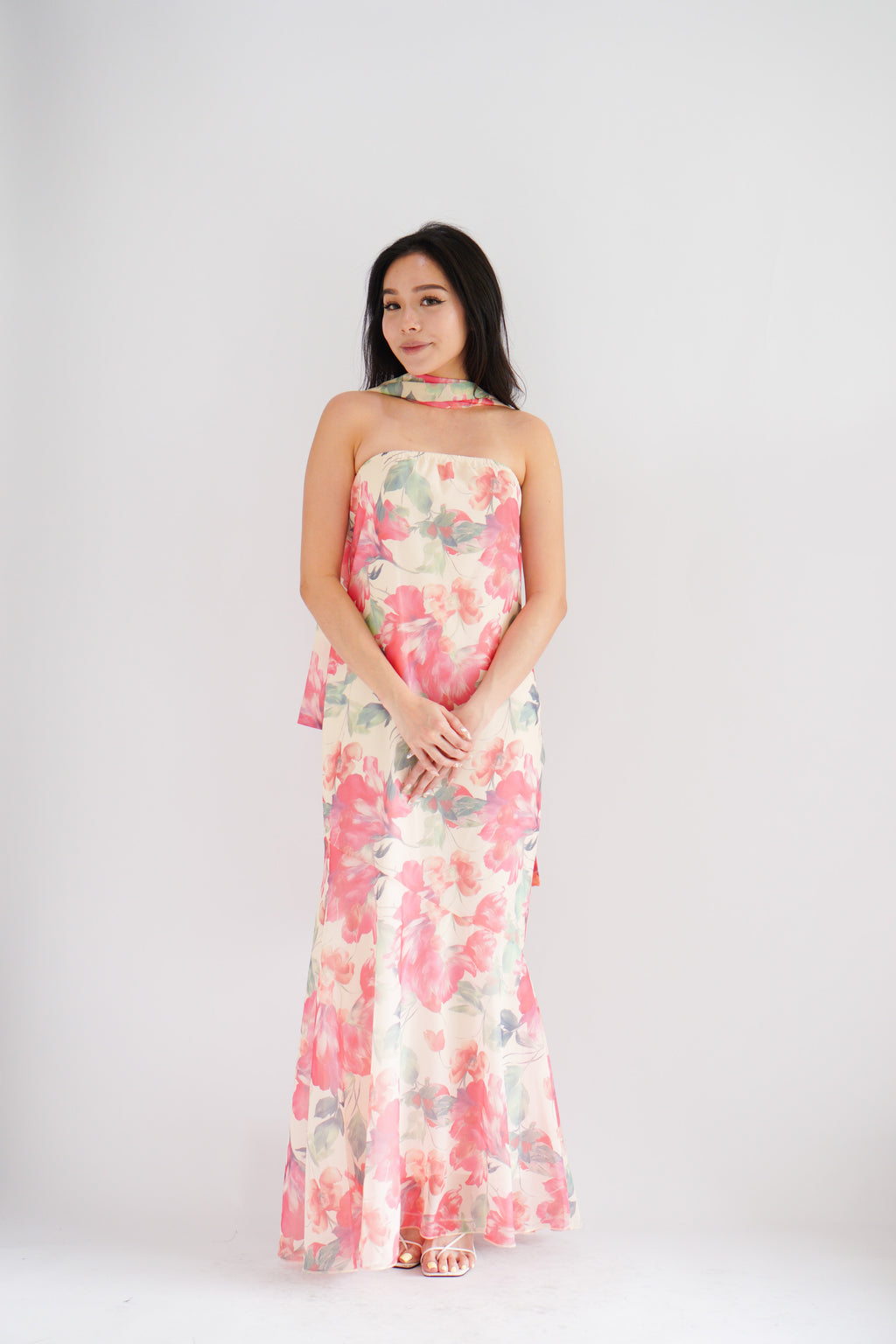 Romee Tube Maxi Dress with Sash in Floral Cream