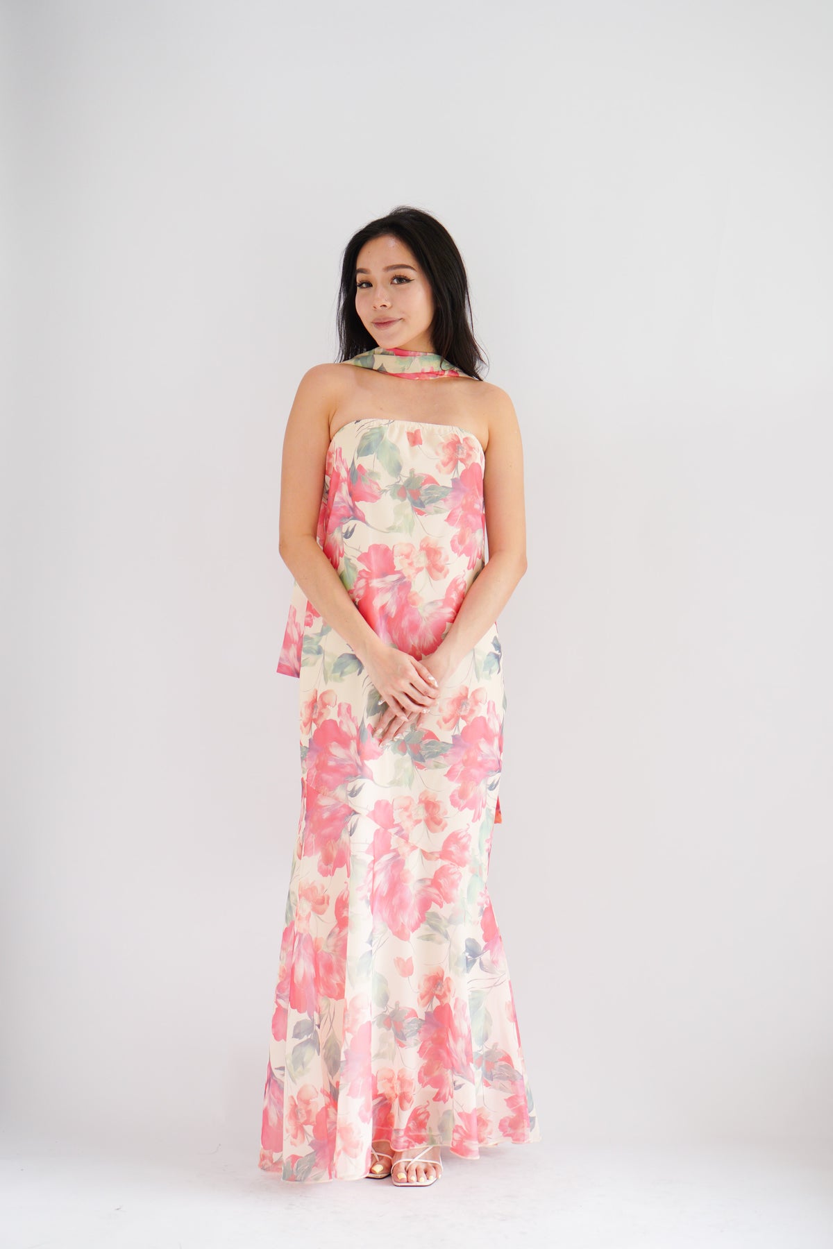 Romee Tube Maxi Dress with Sash in Floral Cream