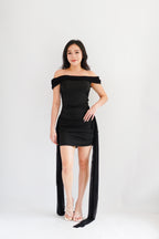 Izabel Off Shoulder Mini Bodycon Dress with Long Sash in Black