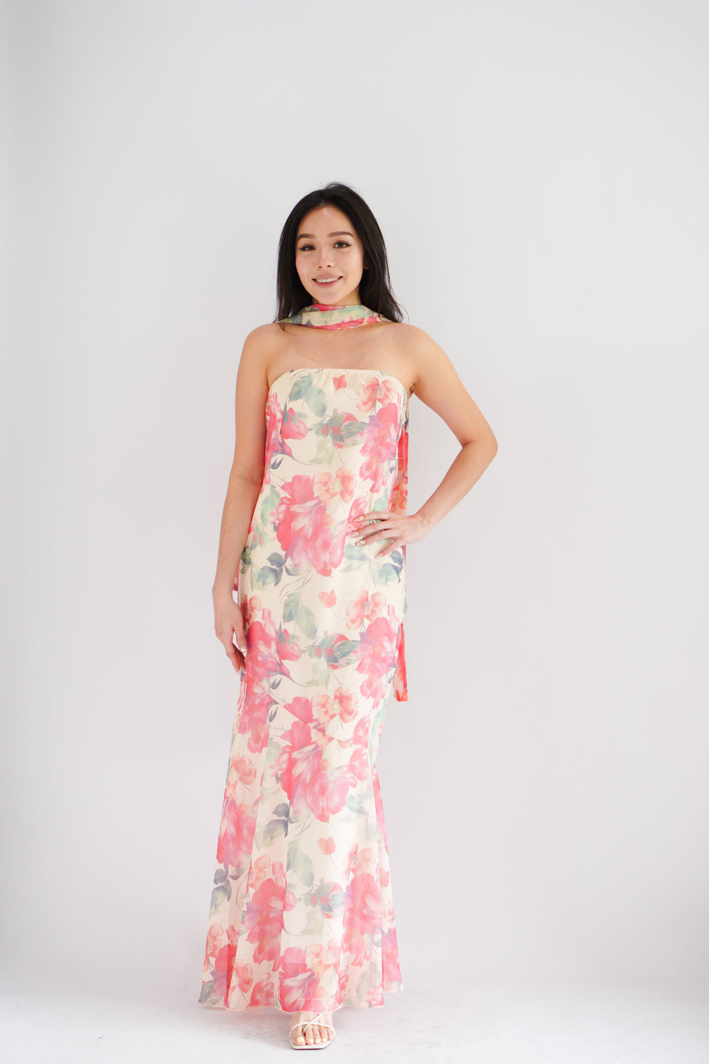 Romee Tube Maxi Dress with Sash in Floral Cream