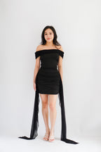 Izabel Off Shoulder Mini Bodycon Dress with Long Sash in Black